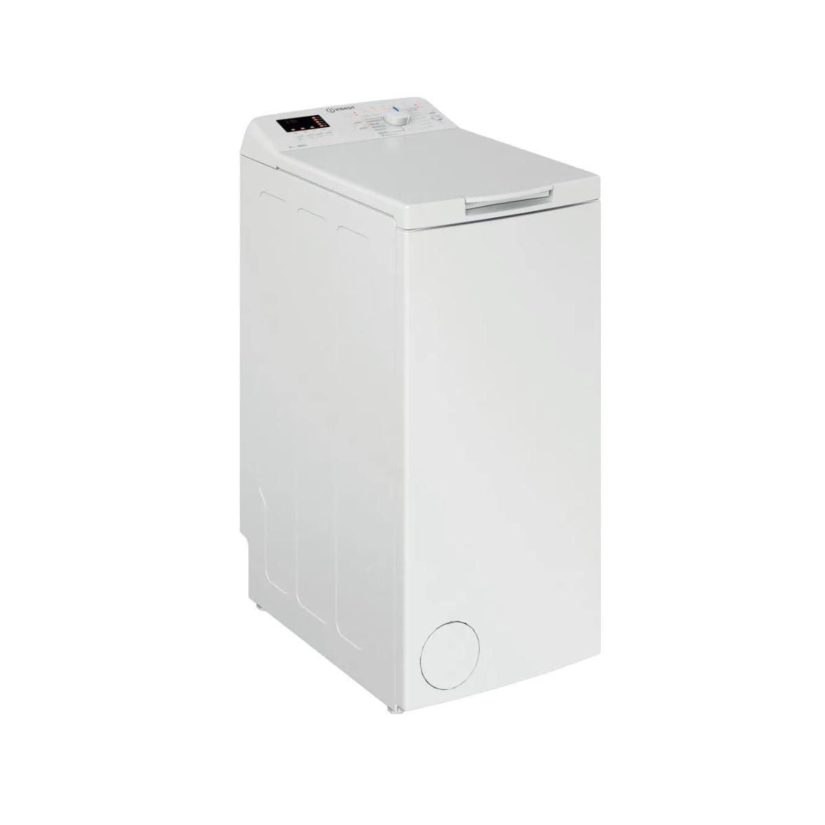 Lave-linge top blanc à couvercle supérieur dans une buanderie claire aux murs blanc cassé et vert sauge.