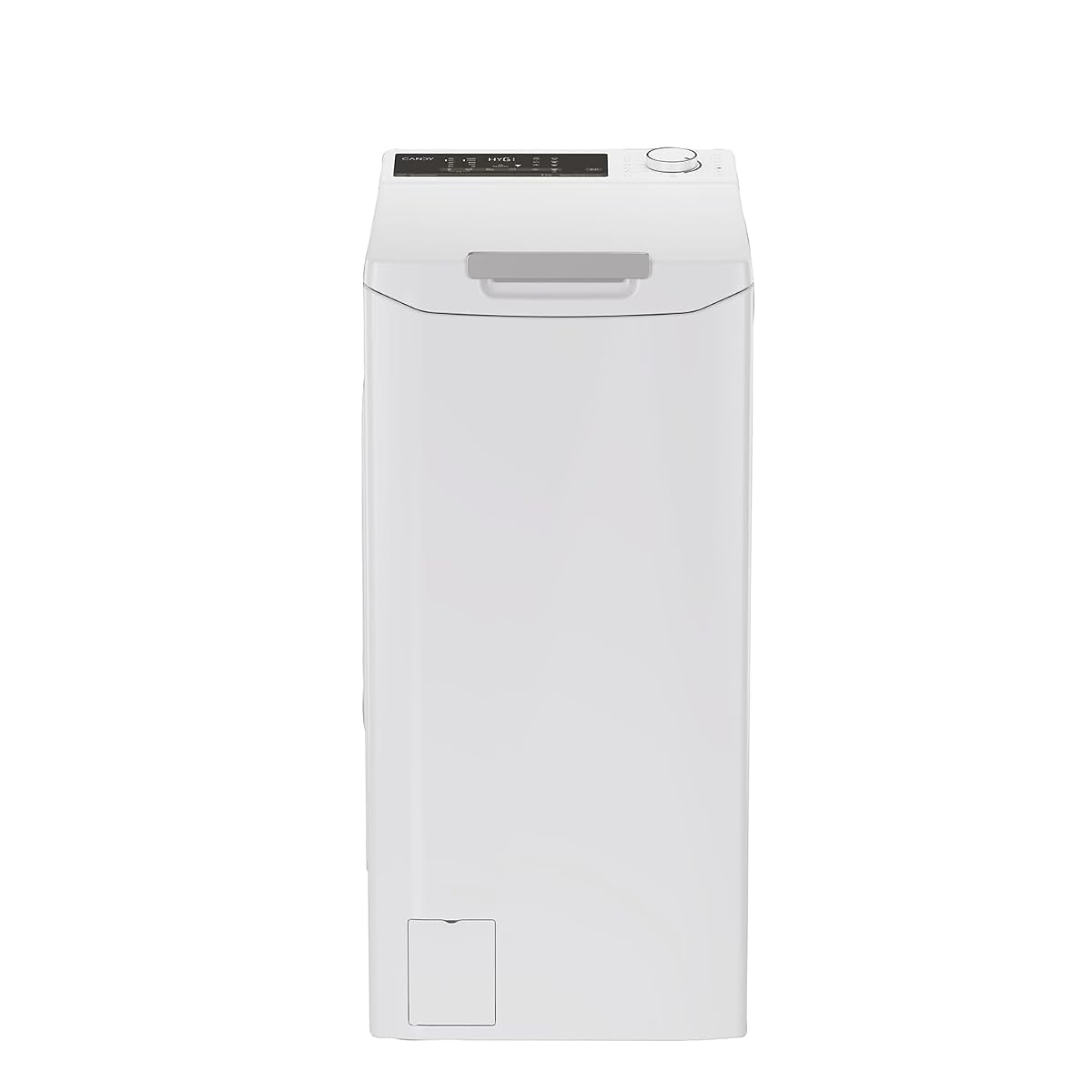 Lave-linge top blanc Candy de 8 kg présenté dans une buanderie lumineuse et sobre.