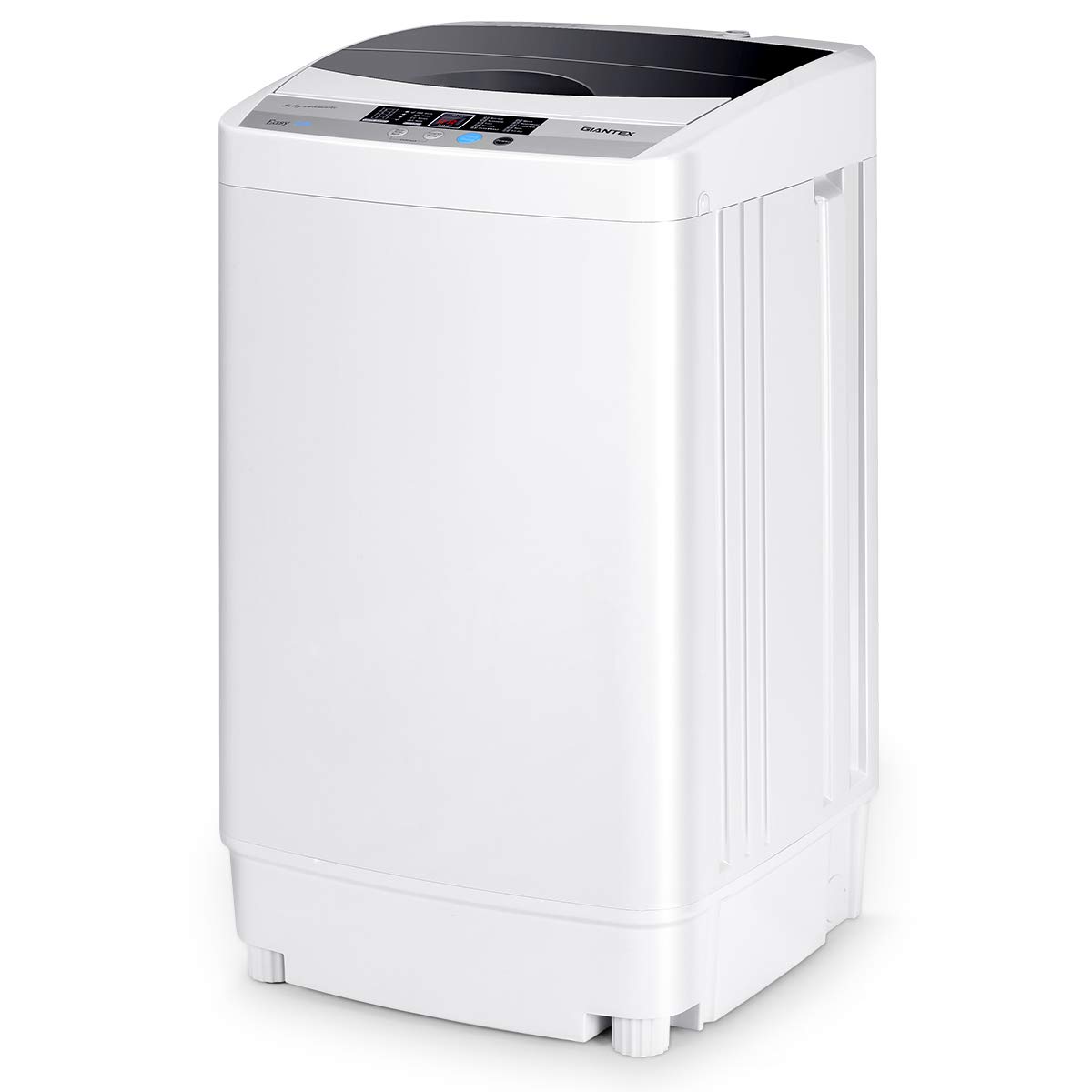 Mini lave-linge portable gris avec couvercle transparent et panneau de commande LED.