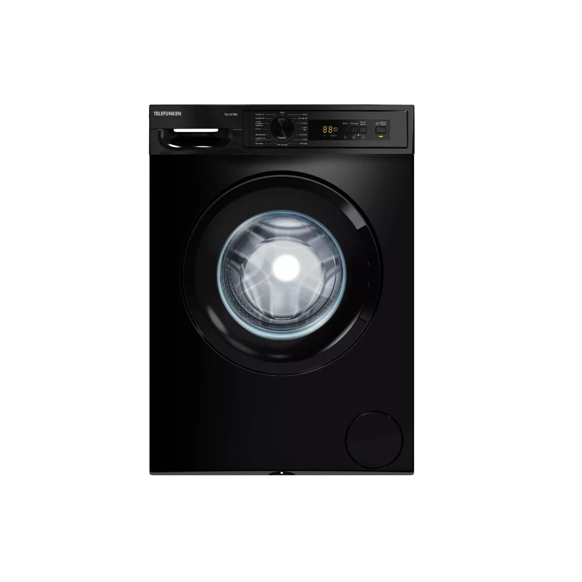 Lave-linge hublot Telefunken TLL127BK dans une buanderie lumineuse aux tons blanc cassé et sauge