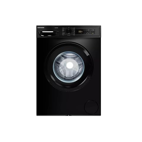 Lave-linge hublot Telefunken TLL127BK dans une buanderie lumineuse aux tons blanc cassé et sauge