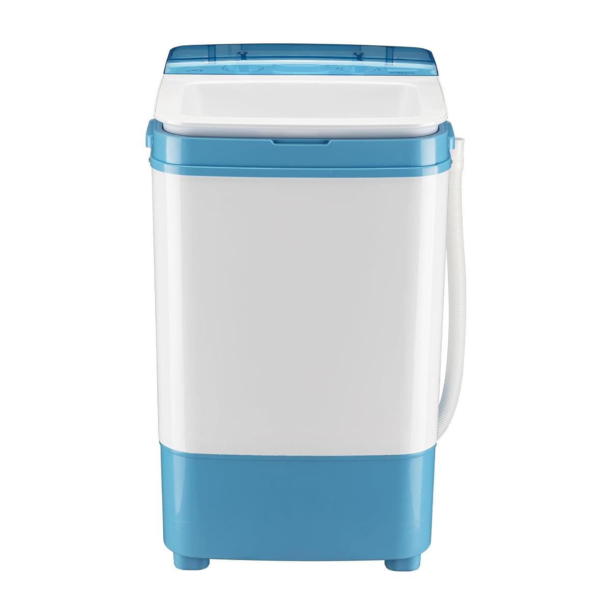 Mini lave-linge portable bleu clair WilTec dans une buanderie lumineuse aux murs blanc cassé et vert sauge
