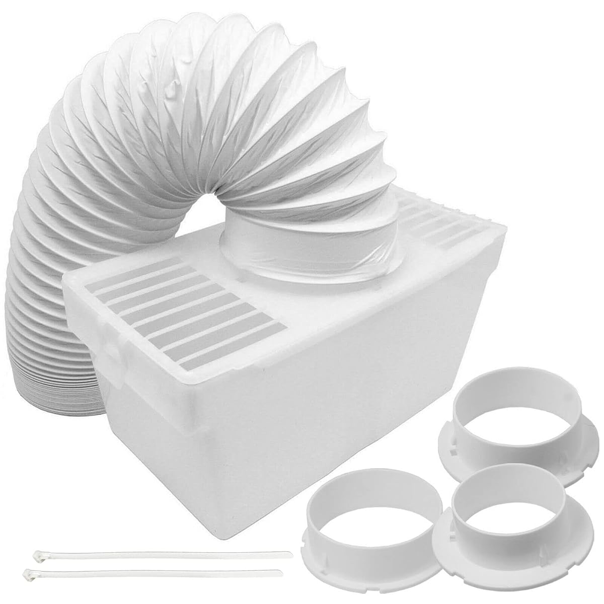 Kit de condensation avec tuyau, récipient, deux attaches et trois adaptateurs dans une buanderie.