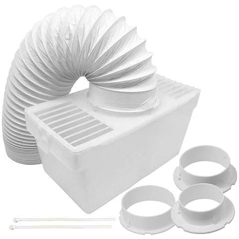 Kit de condensation avec tuyau, récipient, deux attaches et trois adaptateurs dans une buanderie.