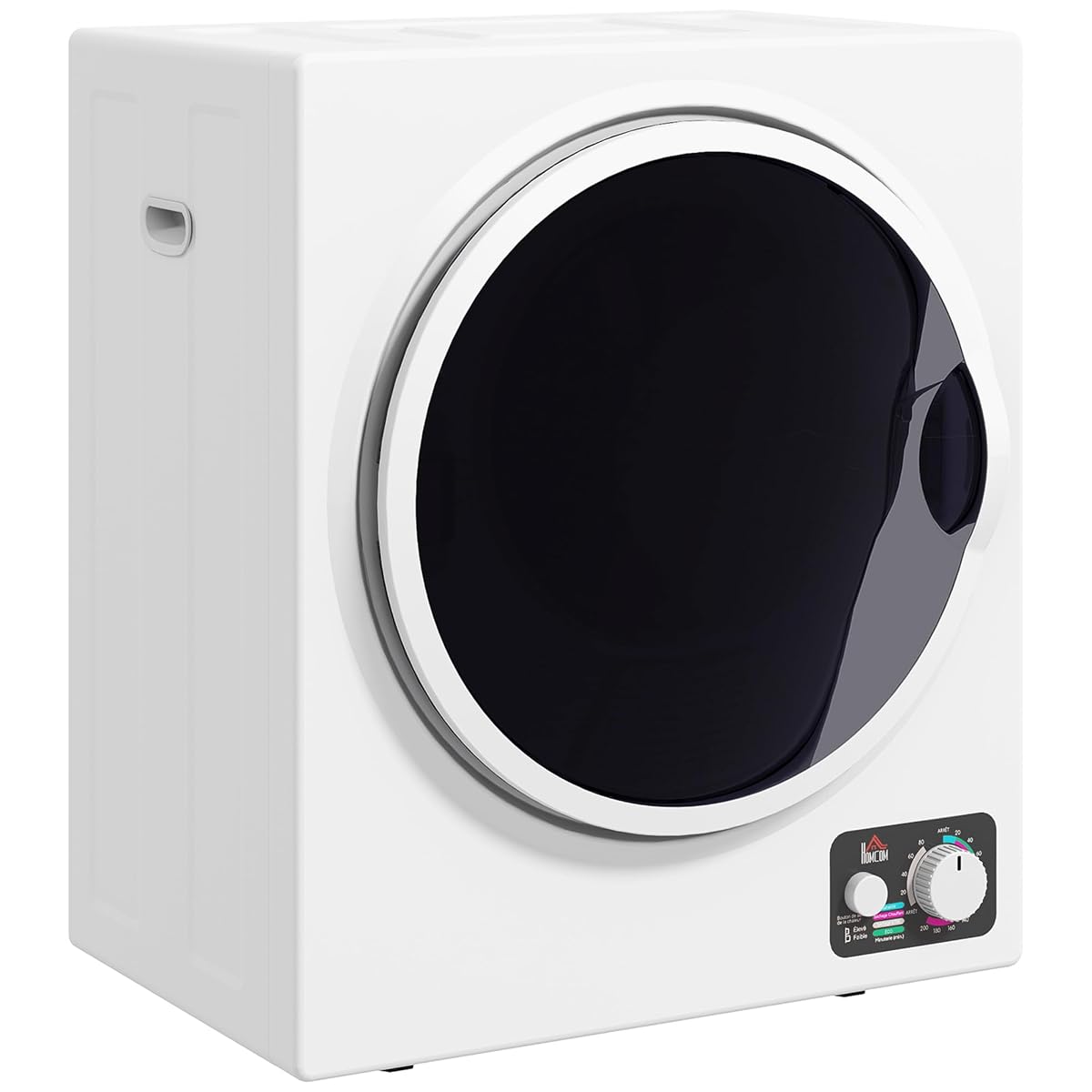Sèche-linge Homcom blanc compact posé dans une buanderie claire, avec sa porte frontale et son format réduit.
