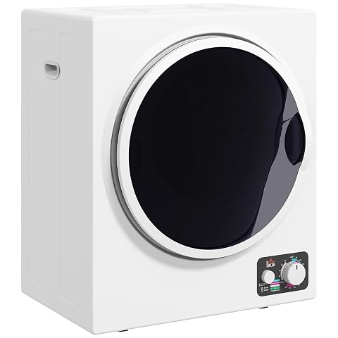 Sèche-linge Homcom blanc compact posé dans une buanderie claire, avec sa porte frontale et son format réduit.