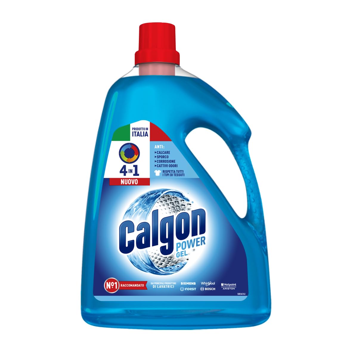 Grand flacon de gel anticalcaire posé dans une buanderie claire près d’un lave-linge