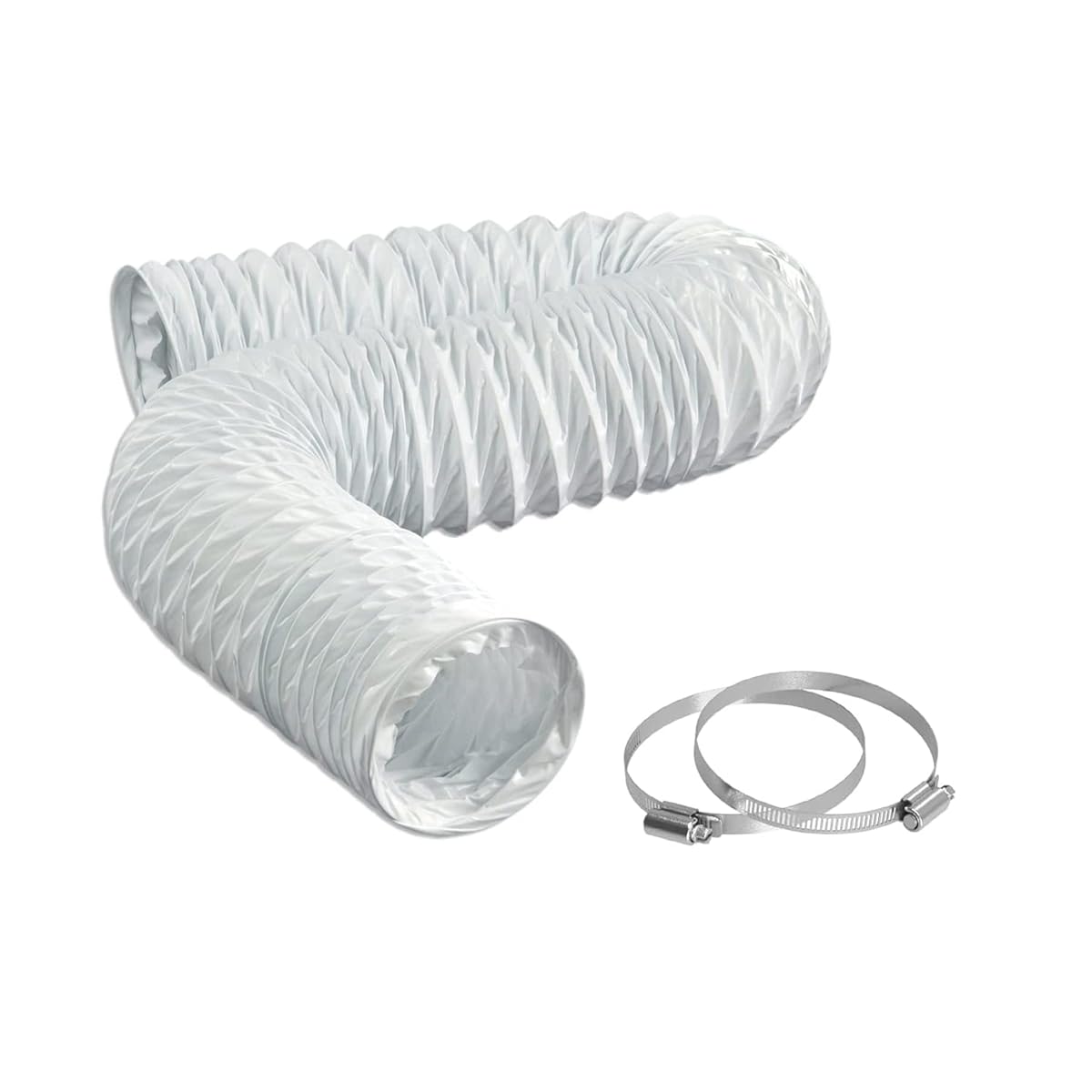 Conduit flexible blanc de 2,5 m avec deux colliers métalliques dans une buanderie claire.
