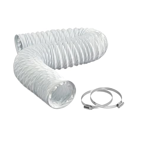 Conduit flexible blanc de 2,5 m avec deux colliers métalliques dans une buanderie claire.