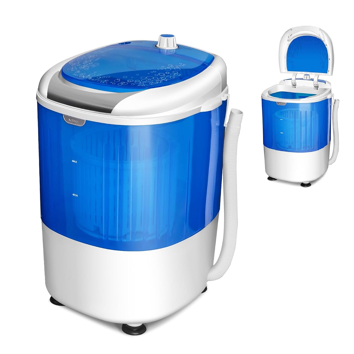 Mini lave-linge portable bleu à couvercle transparent dans une buanderie claire.