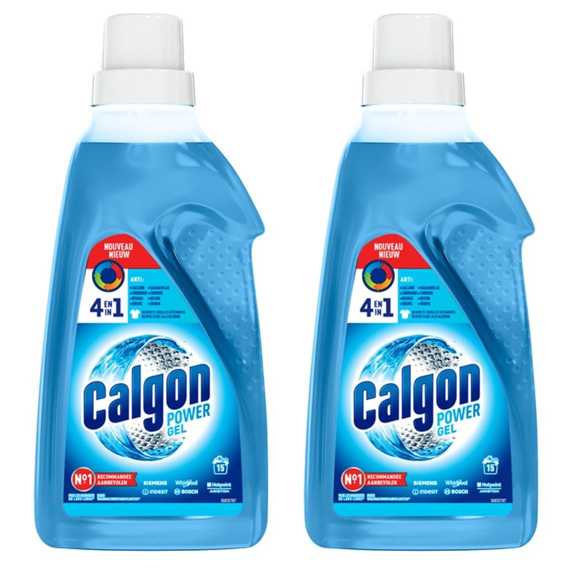Deux flacons de gel anticalcaire pour lave-linge posés dans une buanderie lumineuse.