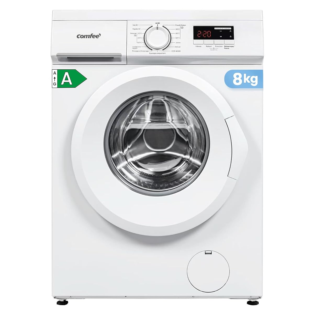 Lave-linge hublot blanc Comfee installé dans une buanderie lumineuse aux tons doux