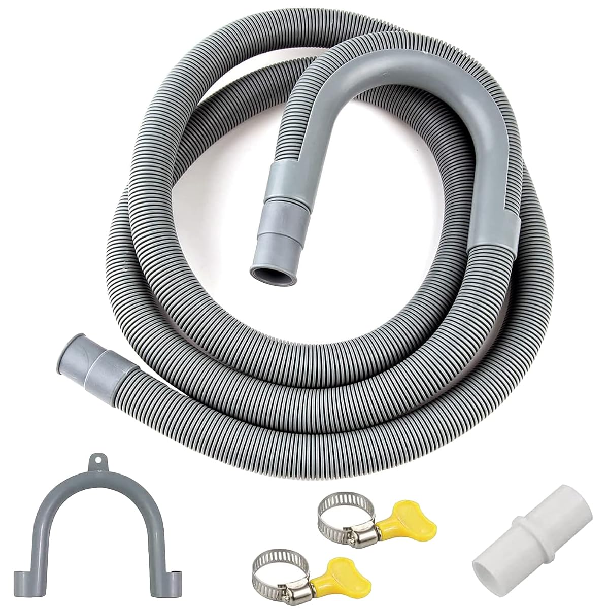 Tuyau de vidange gris de 1,5 m avec adaptateur, support en U et deux colliers.