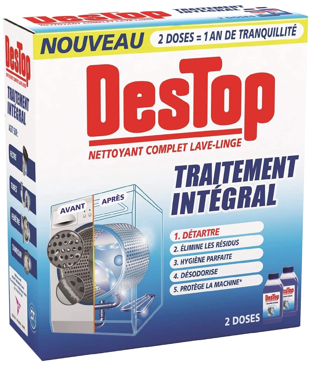 Deux flacons de gel nettoyant Destop posés dans une buanderie sobre aux tons blanc cassé et vert sauge