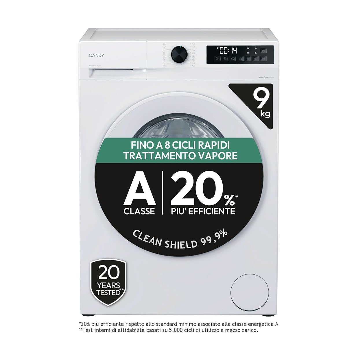 Lave-linge Candy ProWash 300 blanc à hublot dans une buanderie lumineuse