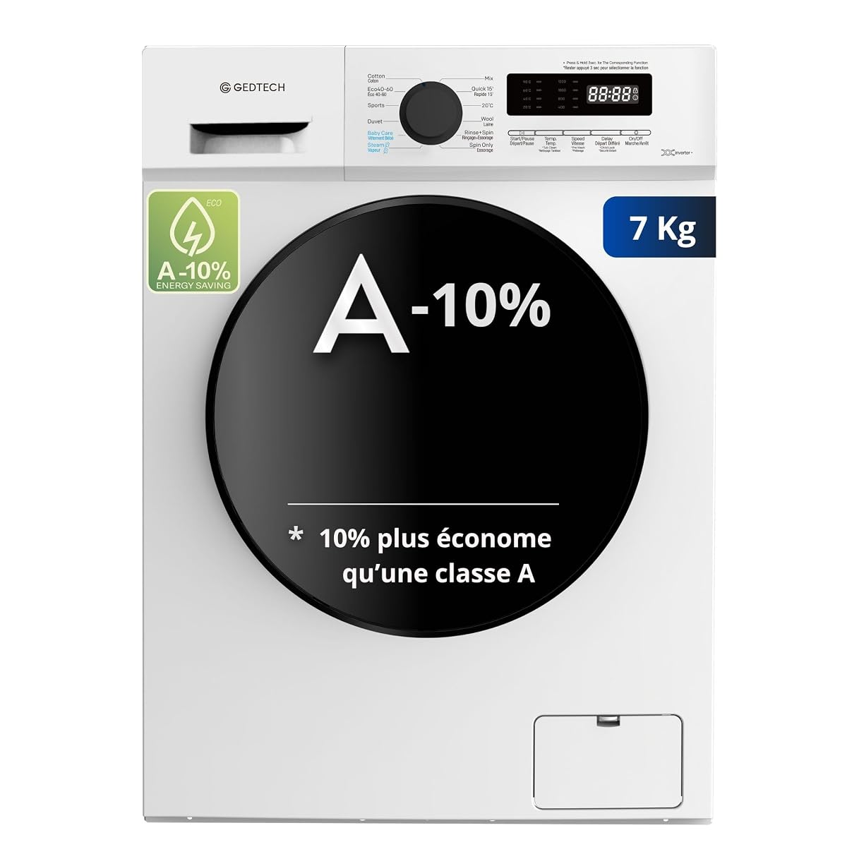 Lave-linge hublot blanc avec panneau LED dans une buanderie claire aux murs vert sauge.