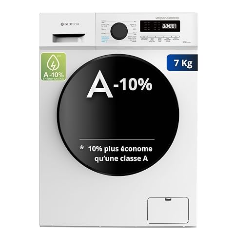 Lave-linge hublot blanc avec panneau LED dans une buanderie claire aux murs vert sauge.