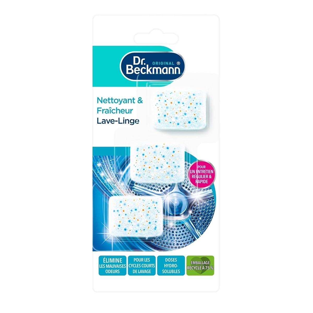 Trois capsules hydrosolubles pour l’entretien du lave-linge posées devant un tambour en inox