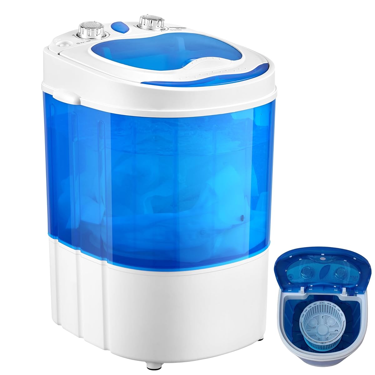 Mini lave-linge Steinborg bleu et blanc à deux compartiments dans une buanderie claire.