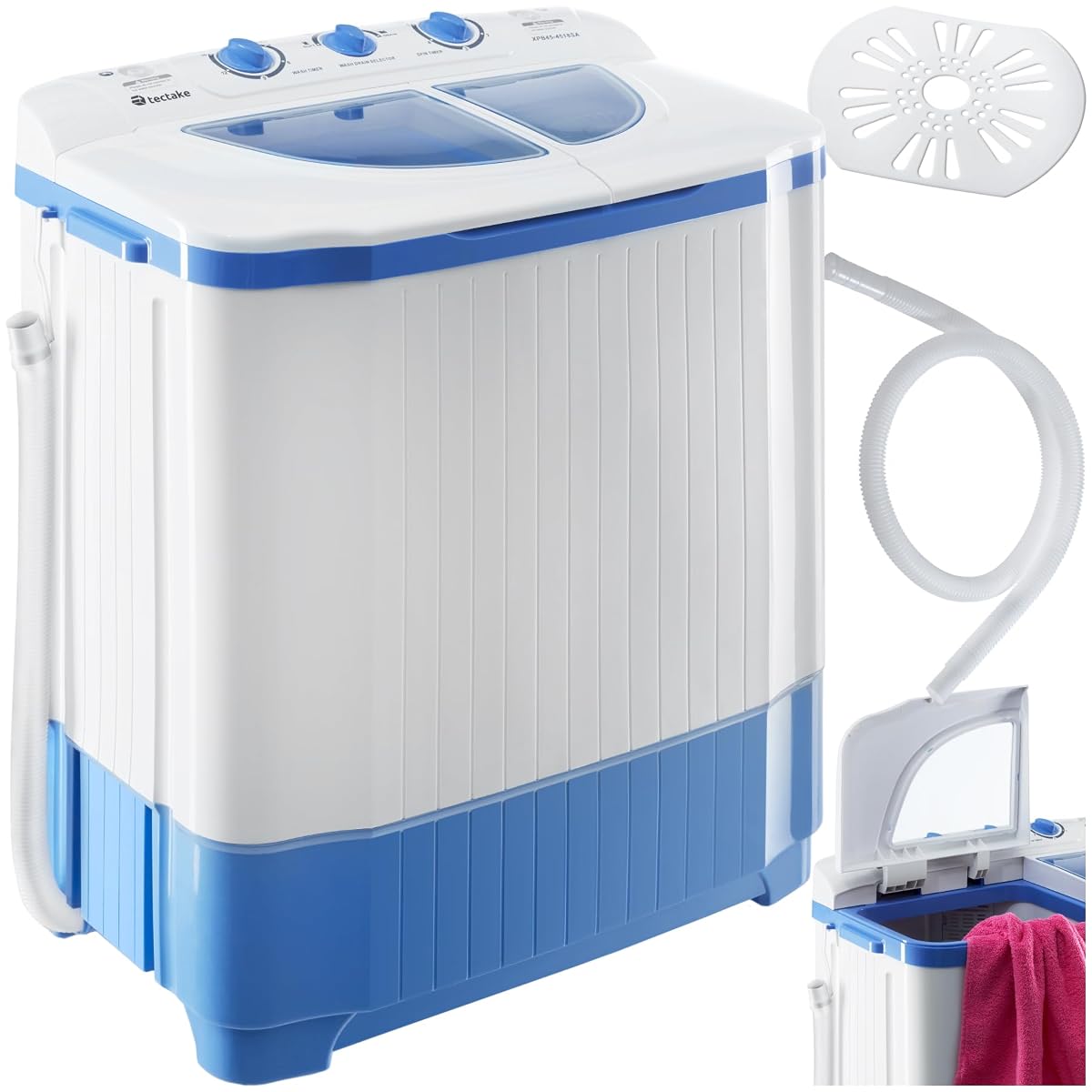 Mini lave-linge portable blanc à deux compartiments dans une buanderie claire