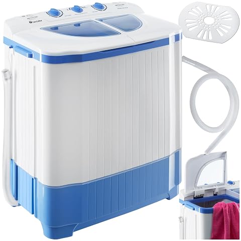 Mini lave-linge portable blanc à deux compartiments dans une buanderie claire