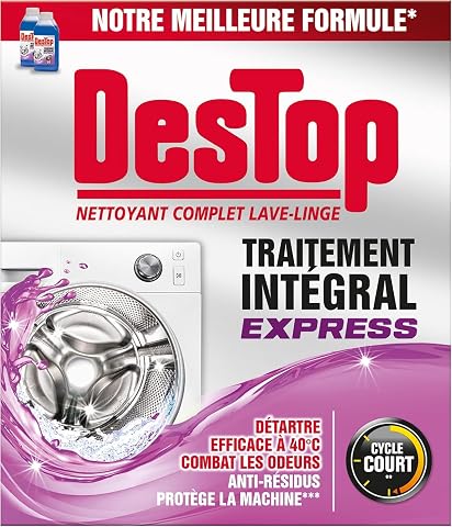 Nettoyant liquide pour lave-linge en deux doses présenté dans une buanderie lumineuse