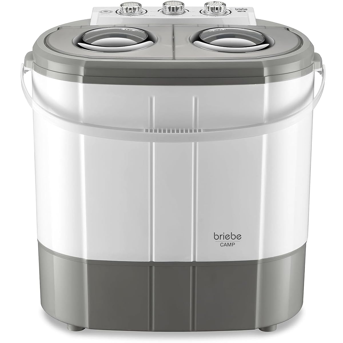 Mini lave-linge portable gris et blanc à deux compartiments dans une buanderie lumineuse