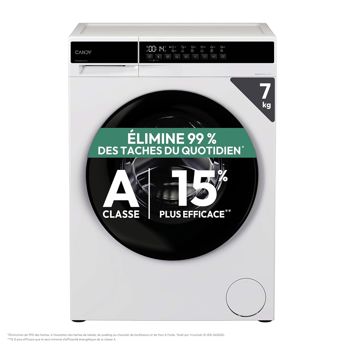 Lave-linge hublot blanc Candy dans une buanderie lumineuse aux tons sauge et bois clair