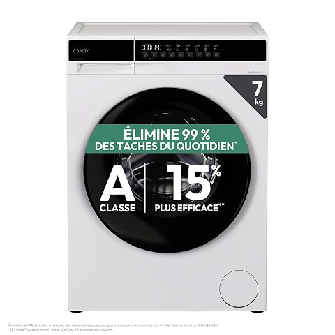Lave-linge hublot blanc Candy dans une buanderie lumineuse aux tons sauge et bois clair