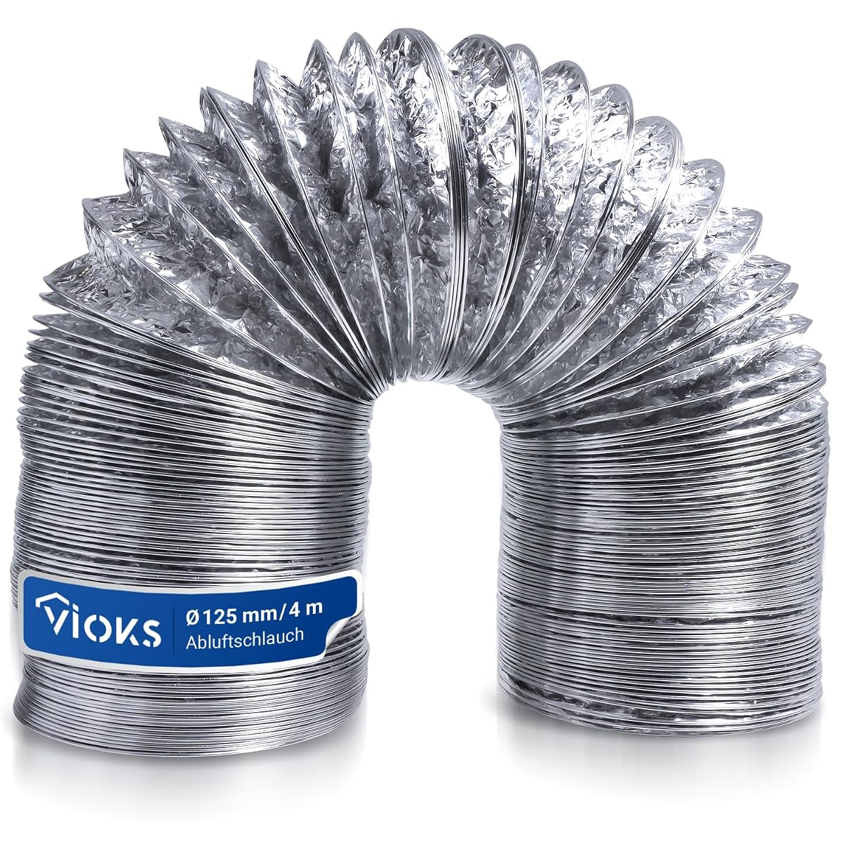 Tuyau d’évacuation flexible en aluminium enroulé dans une buanderie claire près d’un sèche-linge.