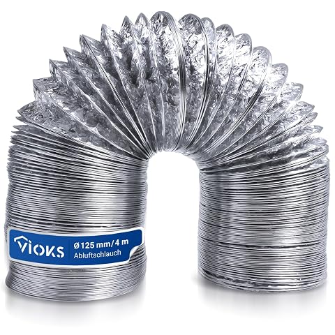 Tuyau d’évacuation flexible en aluminium enroulé dans une buanderie claire près d’un sèche-linge.