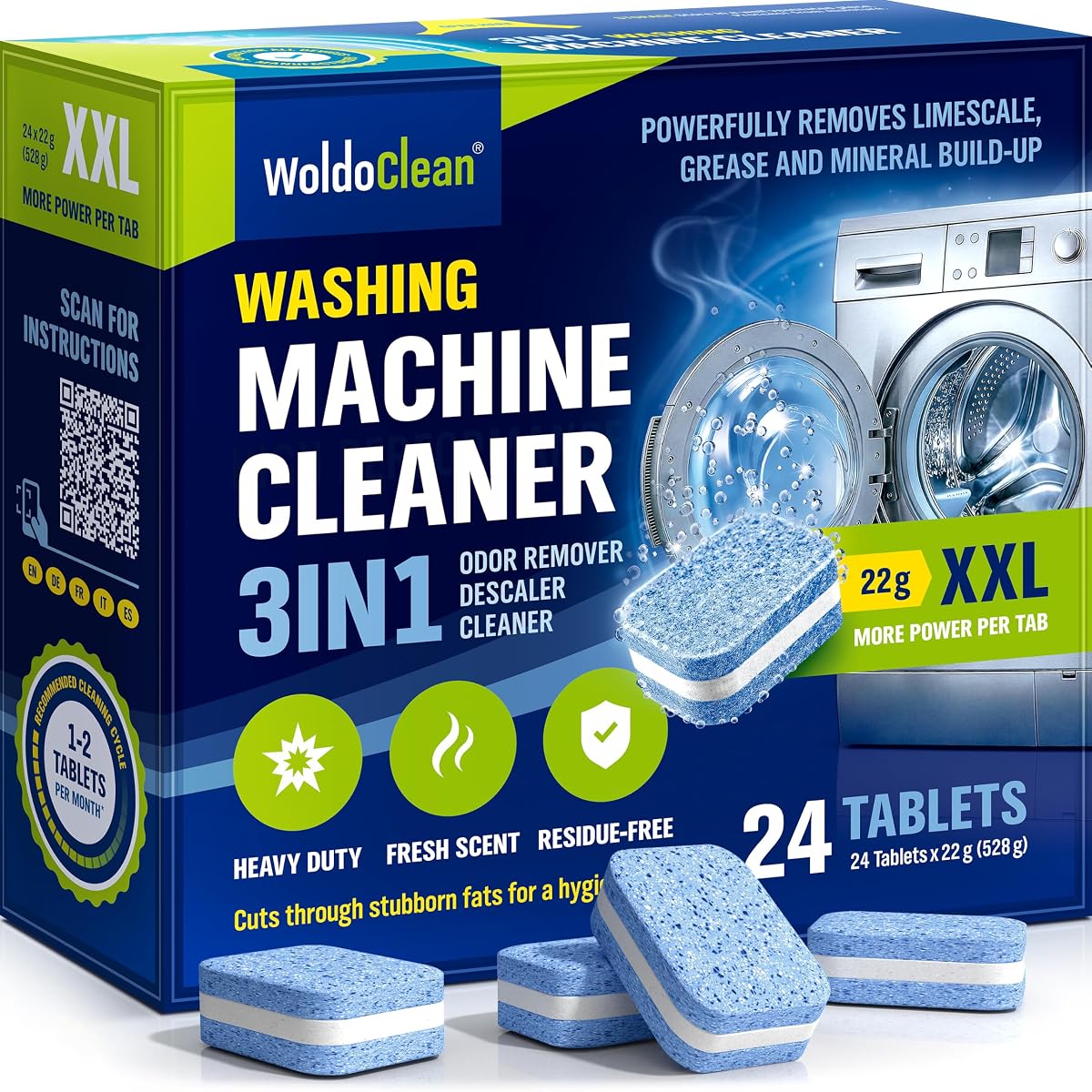 Lot de 24 tablettes WoldoClean pour lave-linge, présenté dans une buanderie claire