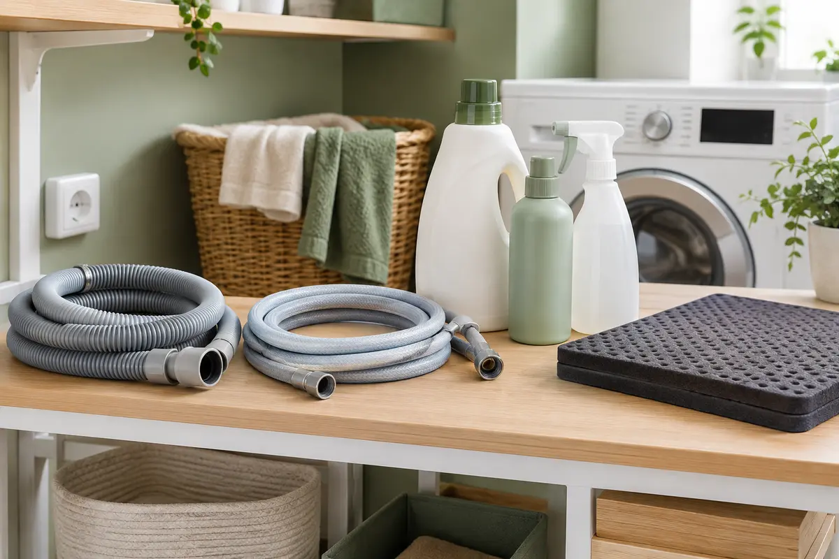 Accessoires et produits d’entretien rangés dans une buanderie claire