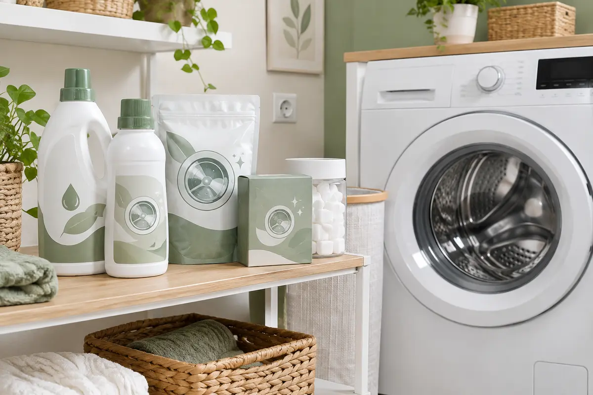 Produits détartrants pour lave-linge rangés près d’une machine blanche