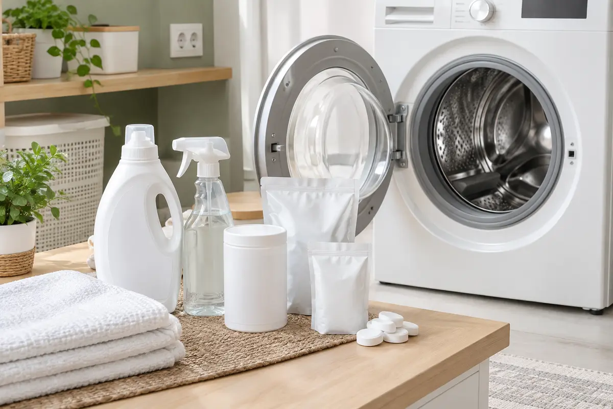 Produits nettoyants pour lave-linge disposés près d’un tambour ouvert
