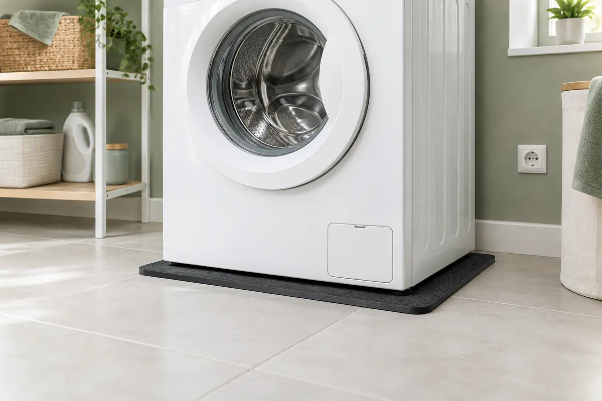 Tapis anti-vibrations placé sous un lave-linge blanc sur sol carrelé