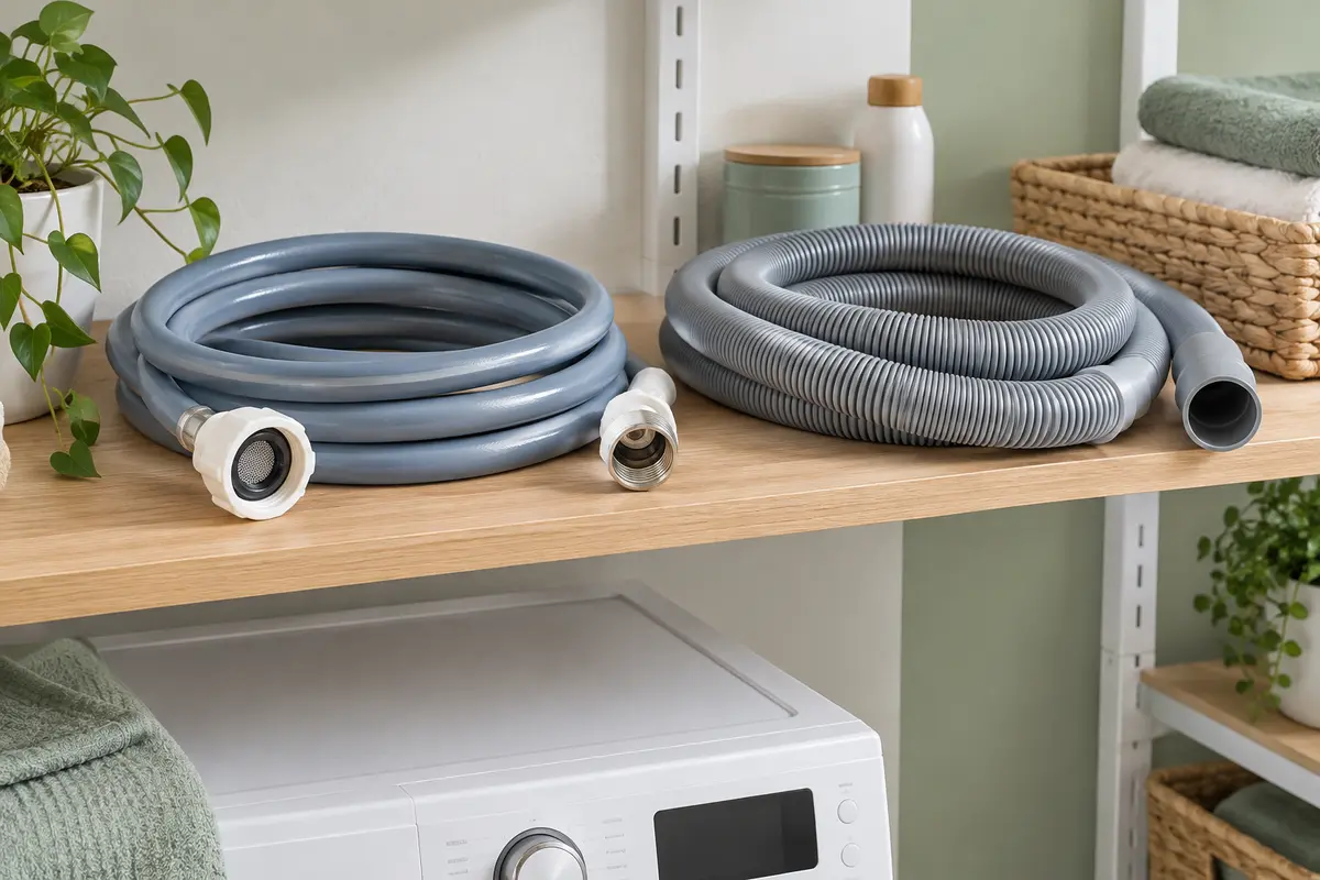 Tuyaux d’arrivée d’eau et de vidange pour lave-linge avec raccords visibles