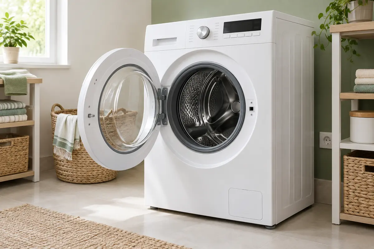 Lave-linge blanc à hublot installé dans une buanderie lumineuse