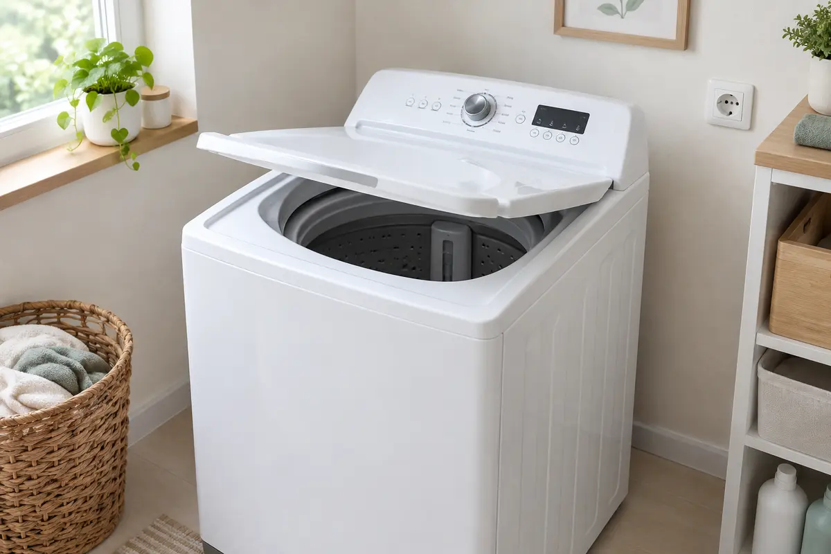 Lave-linge top blanc à couvercle ouvert dans une petite buanderie