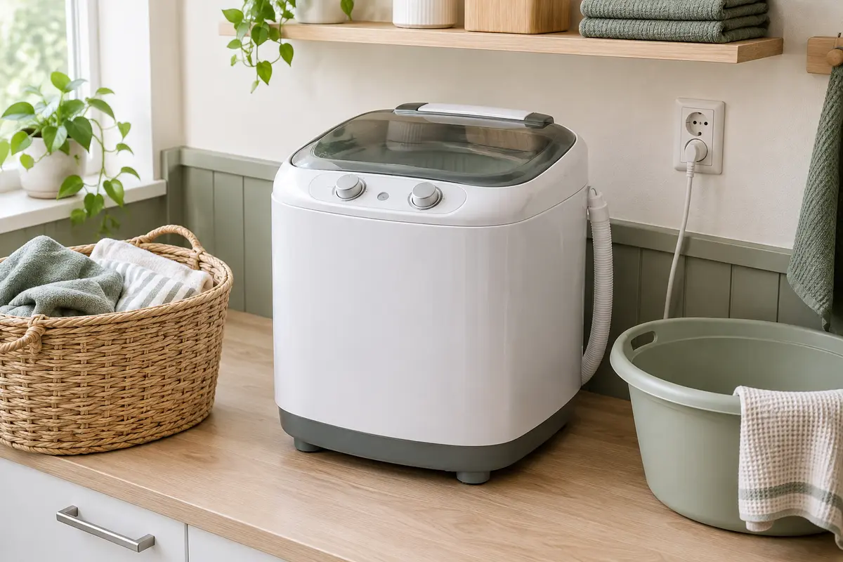 Mini lave-linge portable posé dans une petite buanderie claire