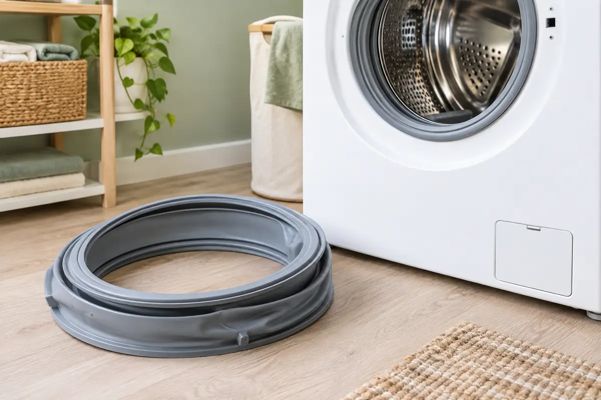 Joint de hublot en caoutchouc posé près de la façade d’un lave-linge