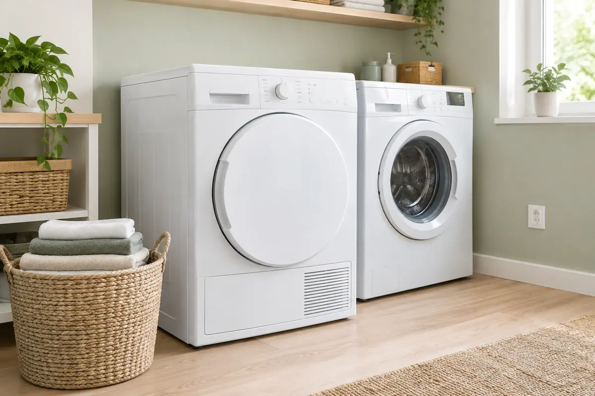 Sèche-linge blanc installé dans une buanderie claire près d’un lave-linge