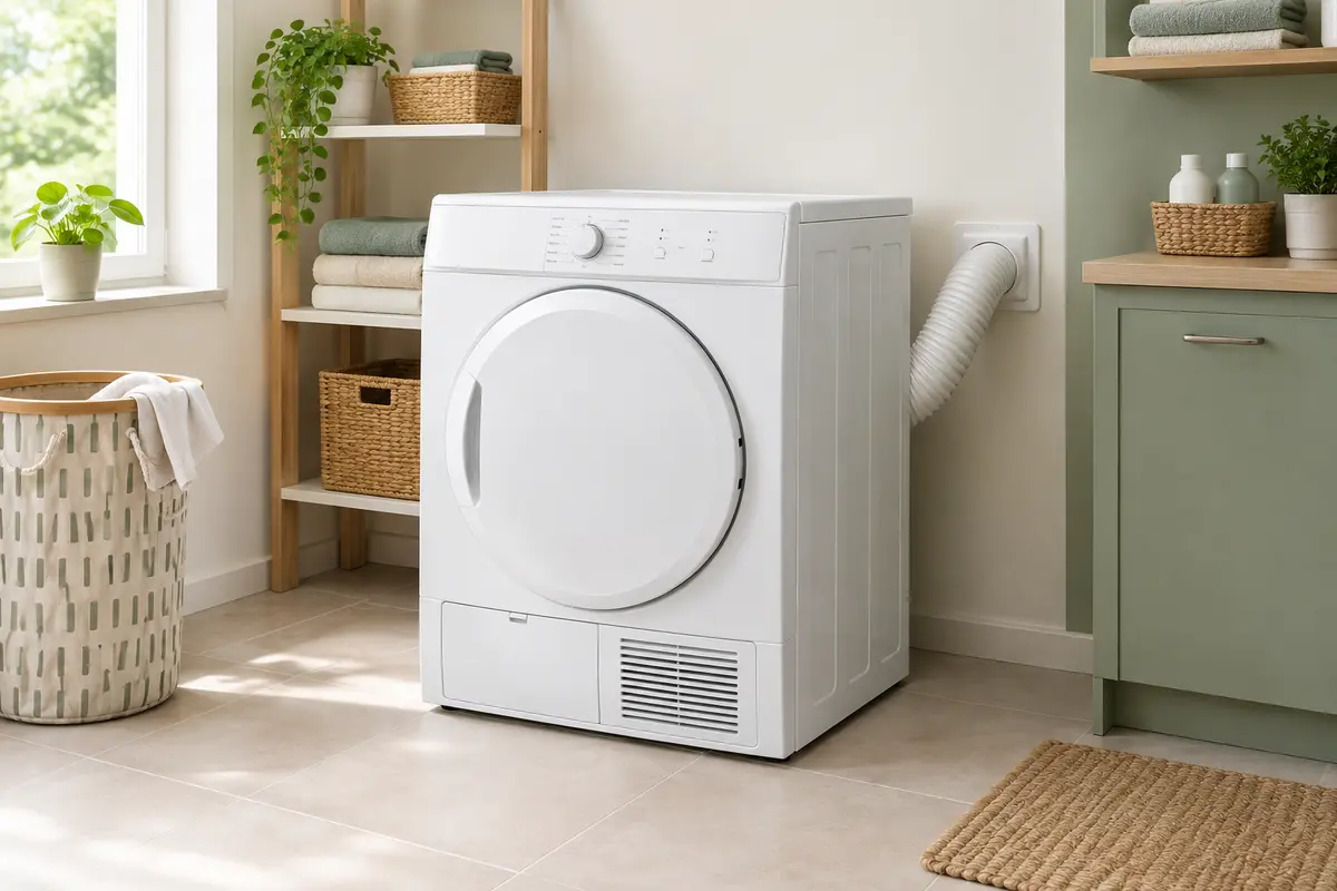 Sèche-linge à évacuation blanc avec conduit raccordé vers le mur