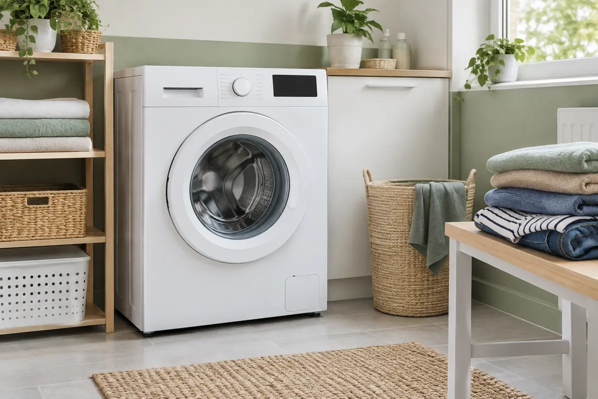 Lave-linge installé dans une buanderie, avec serviettes et vêtements pliés à proximité