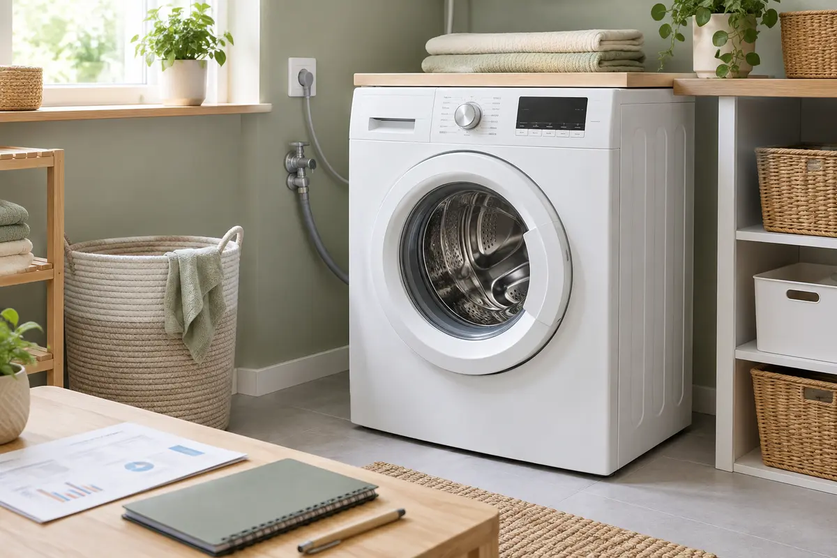 Lave-linge dans une buanderie, avec un carnet évoquant l’estimation du budget annuel d’utilisation.