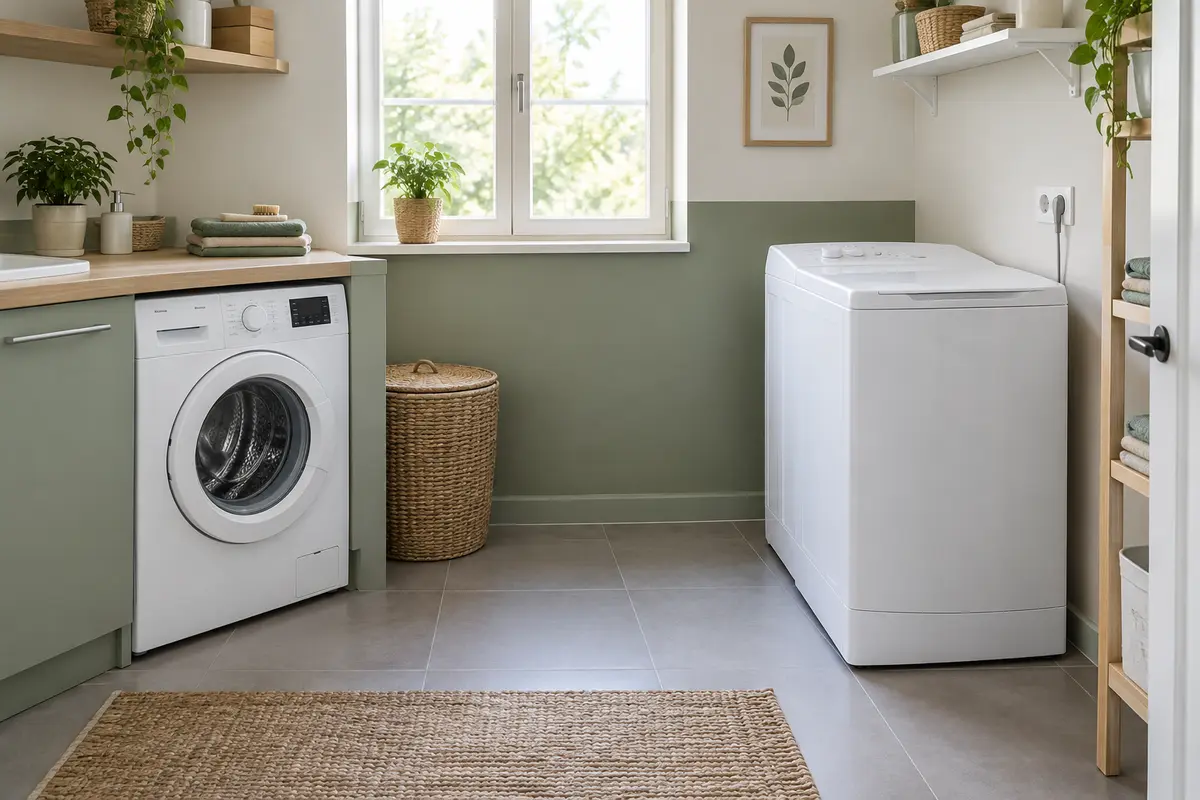 Comparaison d’un lave-linge hublot sous un plan et d’un modèle top dans une petite salle de bains