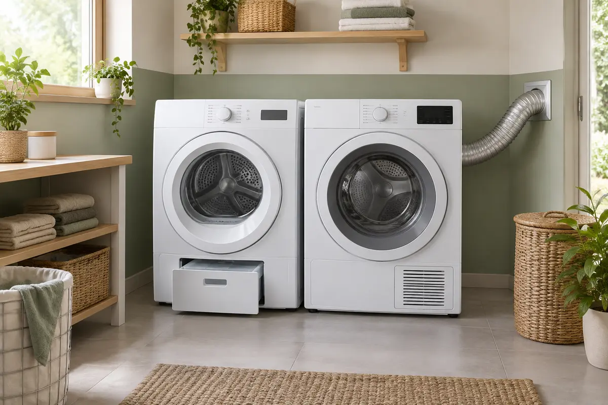 Deux sèche-linge dans une buanderie, l’un avec bac à eau et l’autre relié à une sortie extérieure