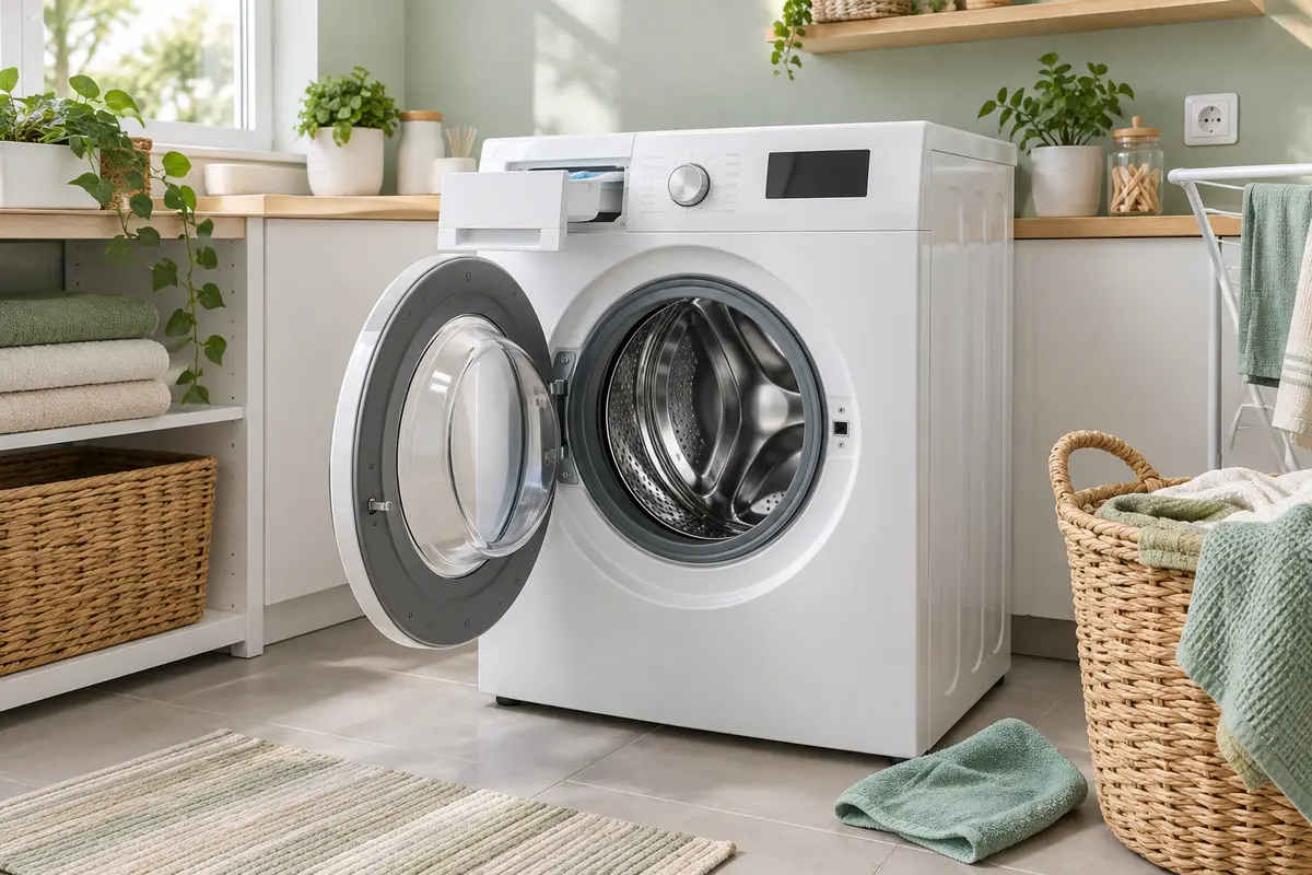 Lave-linge propre avec hublot entrouvert et bac à produits sorti pour sécher après son entretien.