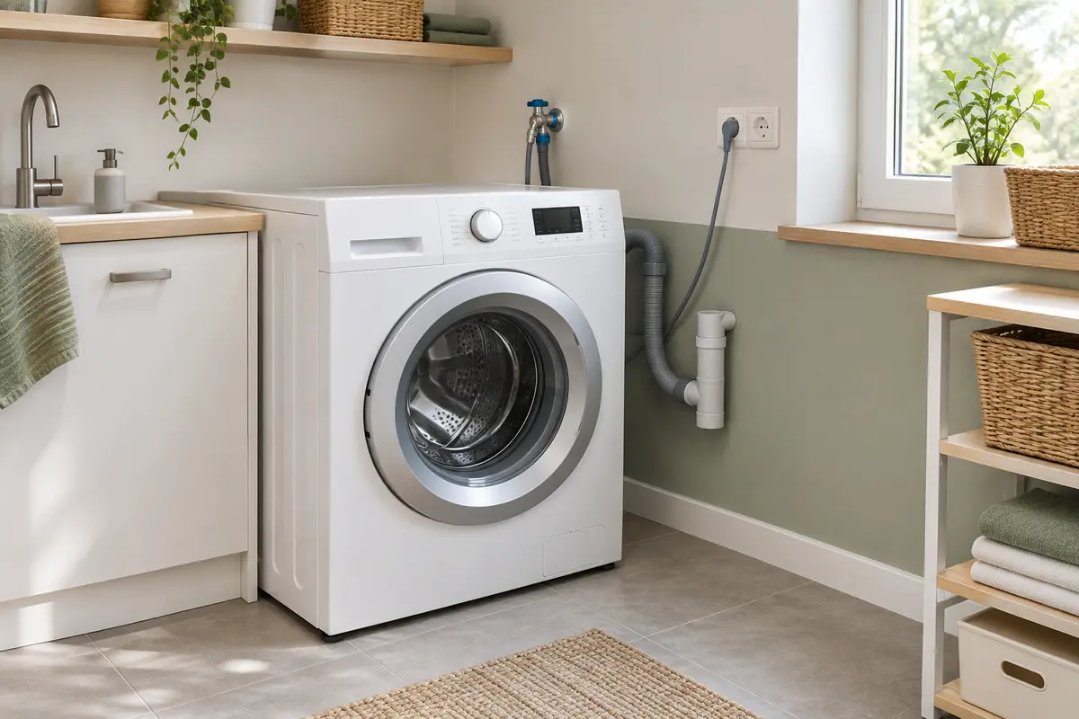 Lave-linge près de raccordements fixes d’eau et d’évacuation correctement installés