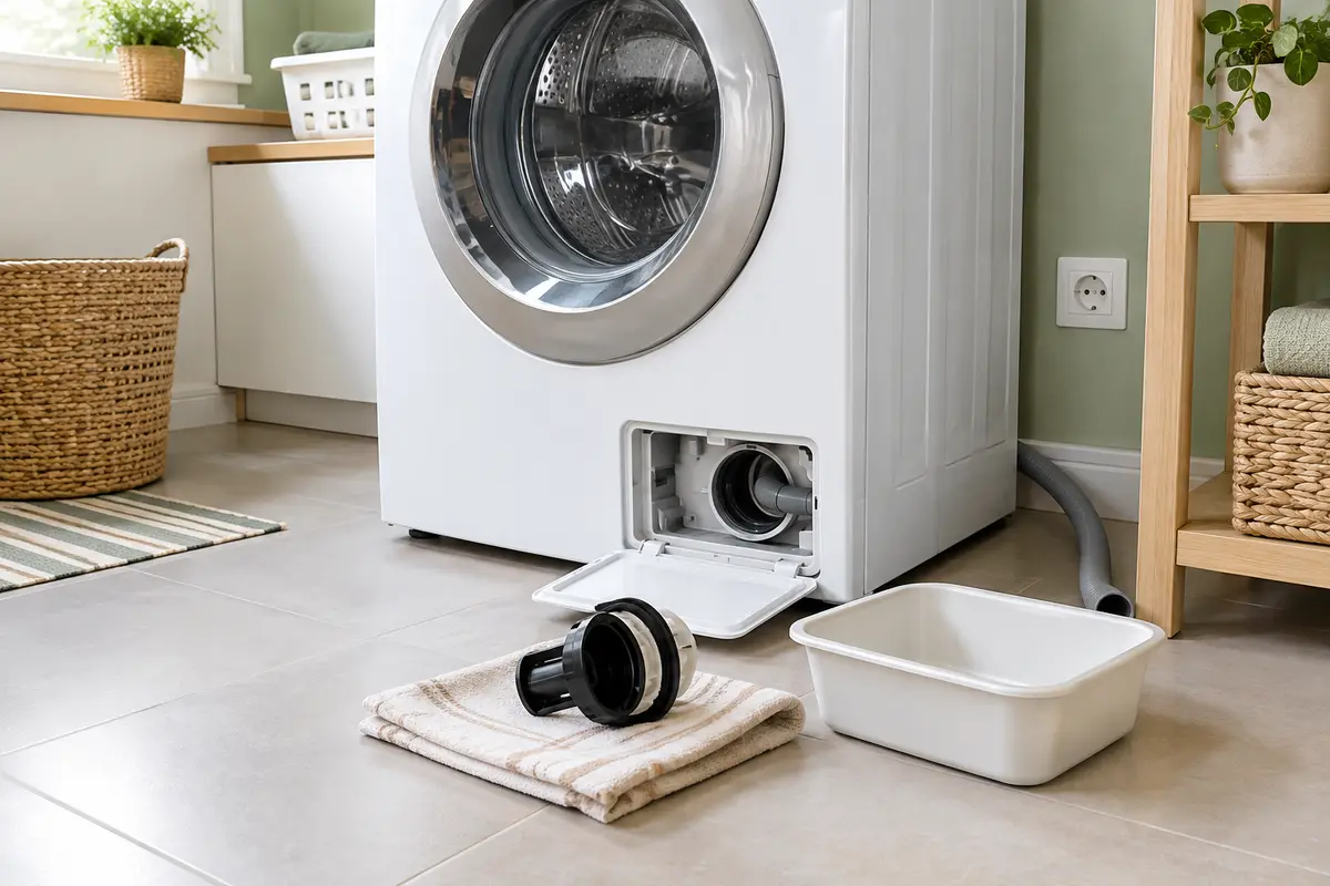 Lave-linge avec filtre de vidange accessible, récipient et serviette pour recueillir l’eau